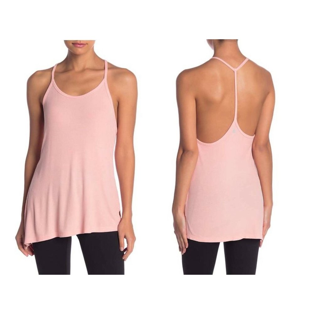 Z By Zella Women's Tank Top  Pink Rib Knit Cut Out Back Asymmetrical Hem